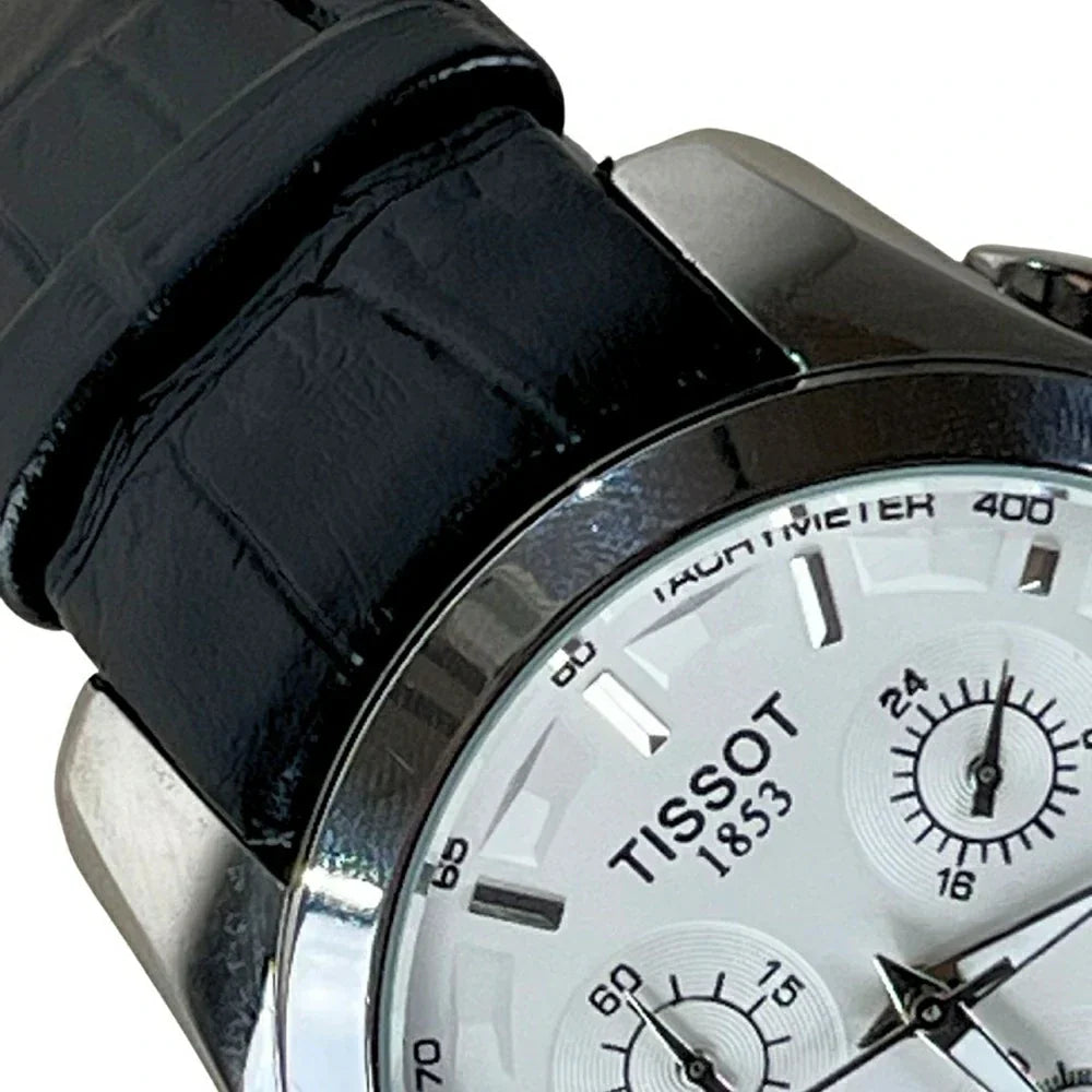 TIS Analog White Dial Black Leather Strap