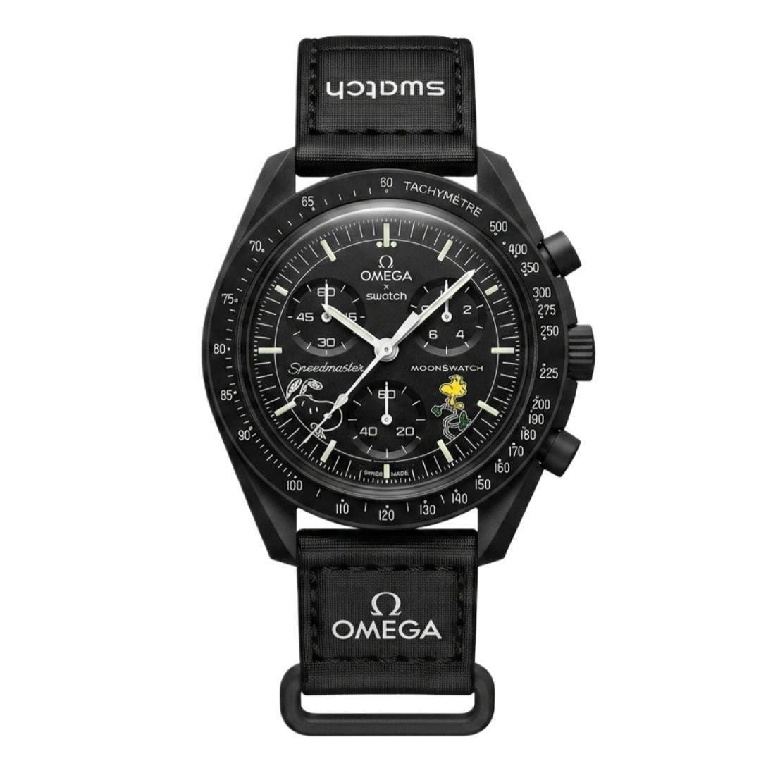 OMG x Swatch MoonSwatch "Mission to the Moonphase" – Snoopy All-Black "New Moon" Edition