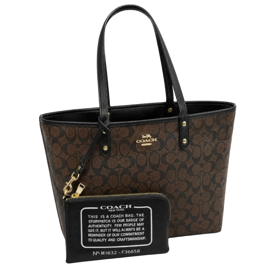 Coach Signature Canvas Tote Bag with Pouch – Black/Brown 30*41