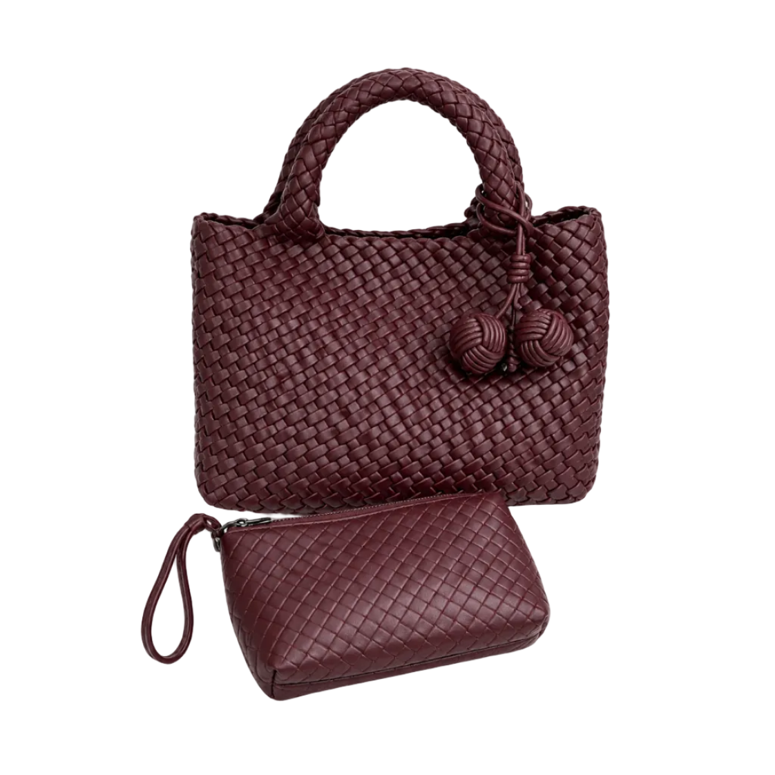 Bottega Woven Leather Tote Bag with Wristlet – Burgundy 30*20