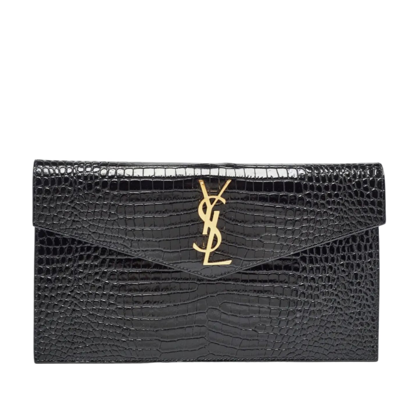 YSL - Uptown Pouch Envelope Clutch in Shiny Black Croc-Embossed Leather 27*16