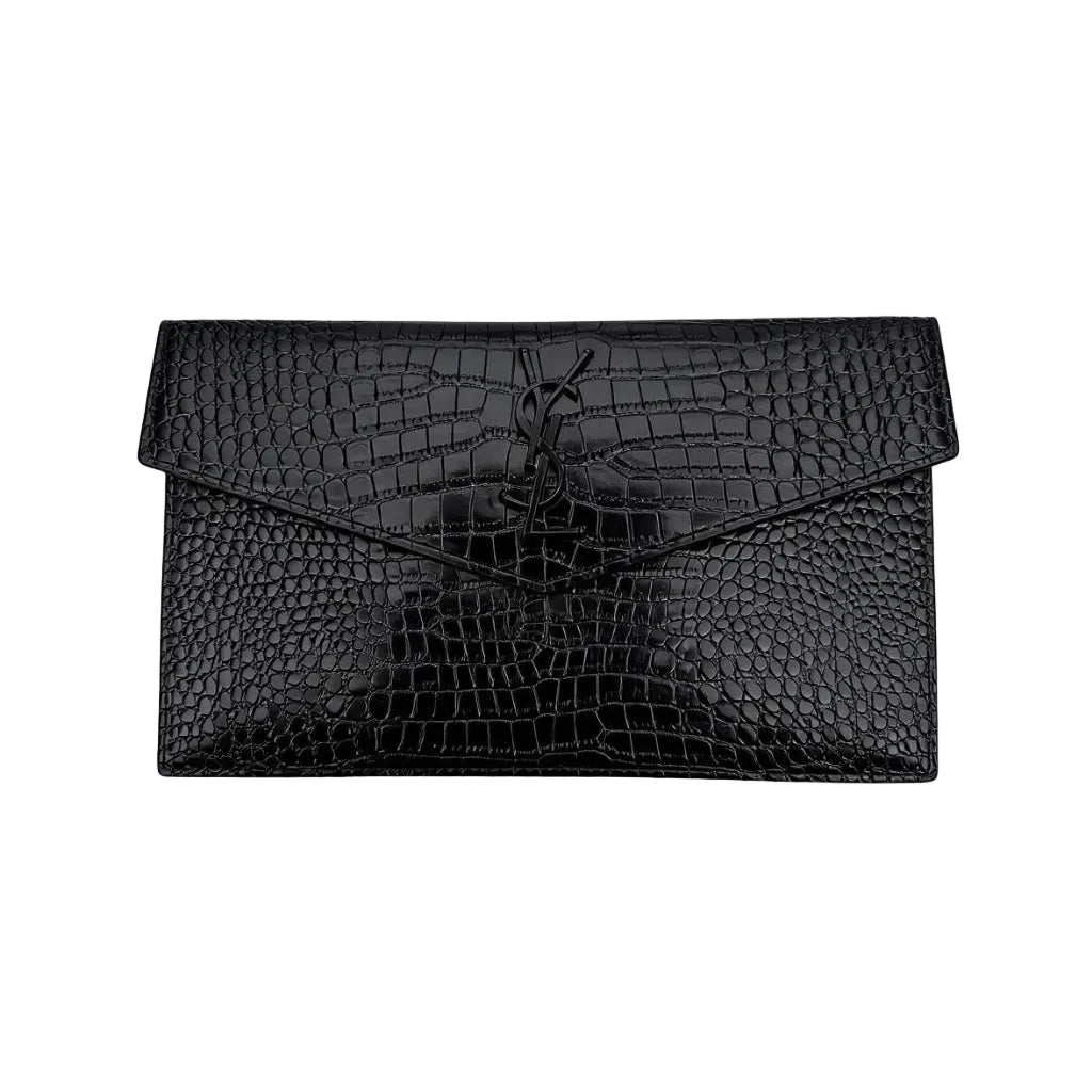 YSL - Uptown Pouch Envelope Clutch in Black Croc-Embossed Leather (Black-on-Black) 27*16