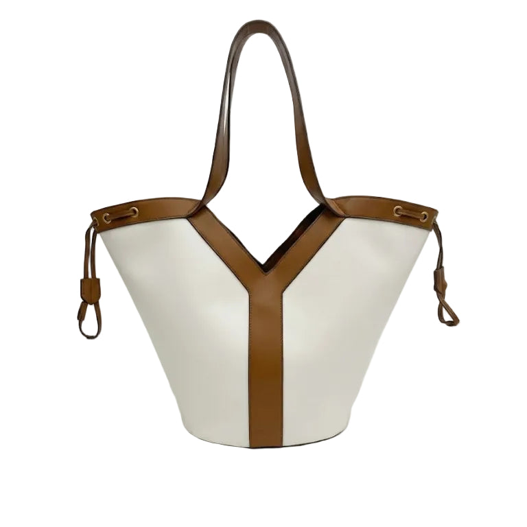 YSL - Bea Tote Bag in Bi-Color White Leather with Tan Trim 49*34