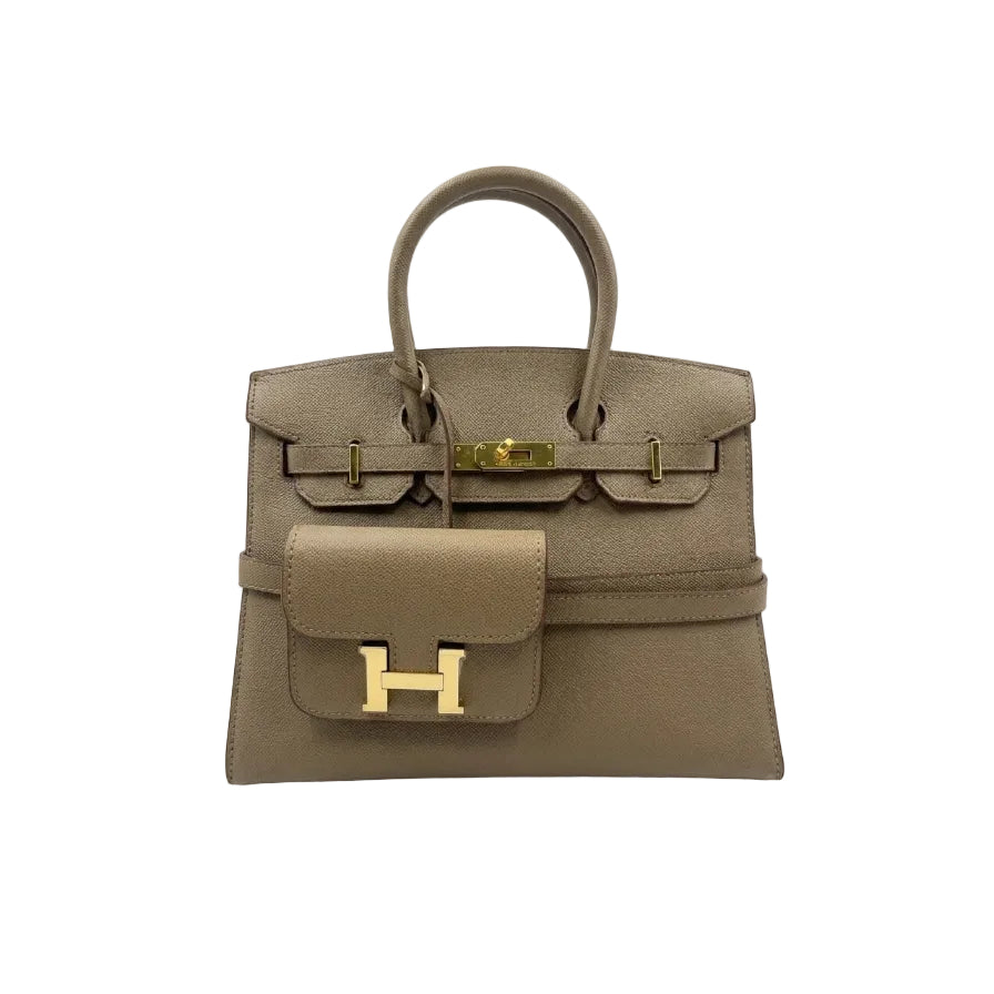 Herm - Classic Taupe Textured Leather Handbag and Matching Mini Wallet Set 30*23