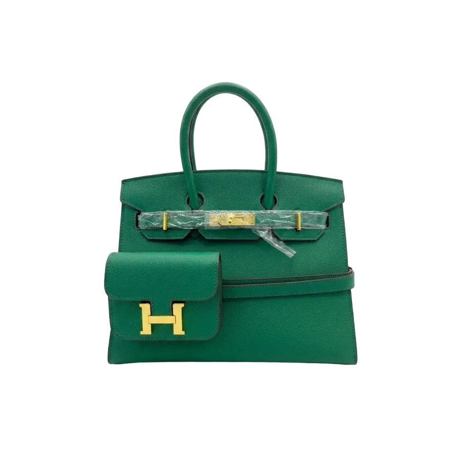Herm - Pristine Green Textured Leather Handbag and Matching Mini Wallet Set 30*23
