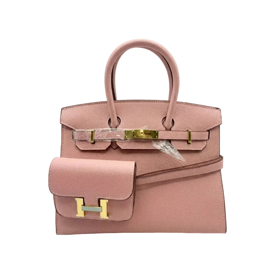 Herm - Pristine Pink Textured Leather Handbag and Matching Mini Wallet Set 30*23