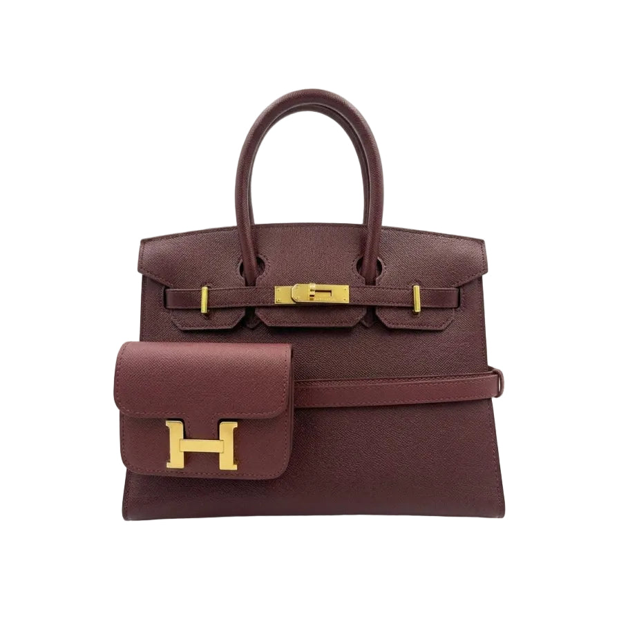 Herm - Rich Burgundy Textured Leather Handbag and Matching Wallet Set 30*23