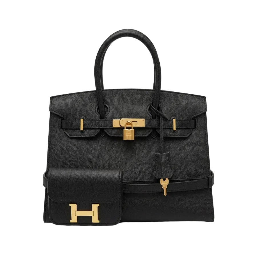 Herm - Classic Black Textured Leather Handbag and Matching Wallet Set 30*23