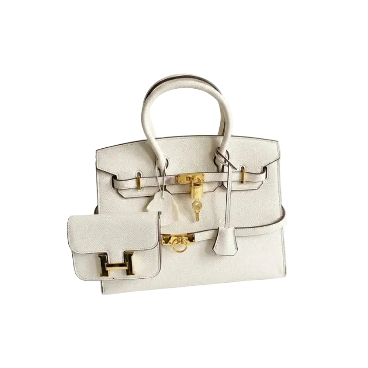 Herm - Pristine White Textured Leather Handbag and Matching Wallet Set 30*23