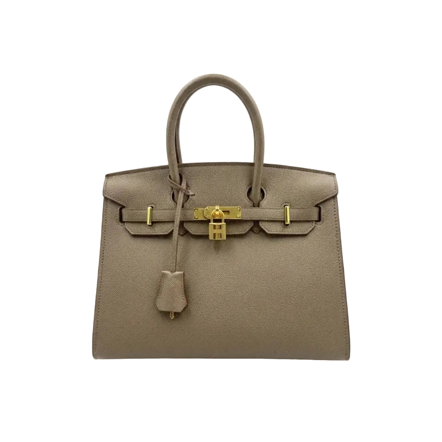 Herm - Timeless Taupe Textured Leather Handbag with Gold Hardware 30*23