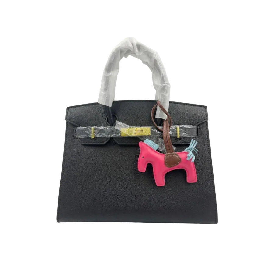 Herm - Classic Black Textured Leather Handbag with Pink Equestrian Charm 30*23
