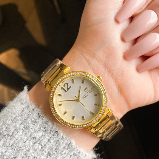 TOM Crystal Bezel Gold White dial for women