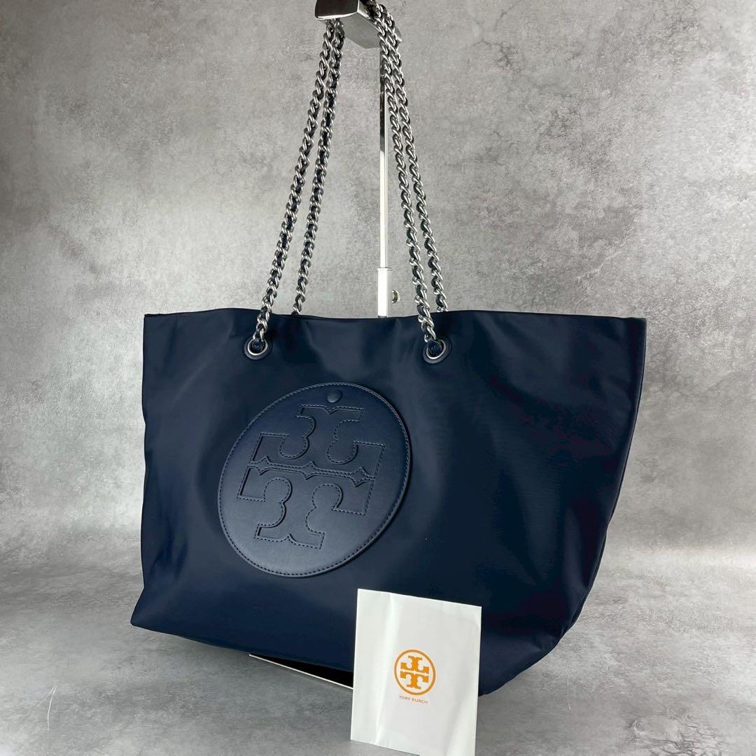 Toy Brch Navy Nylon Tote with Chain Straps 45*27