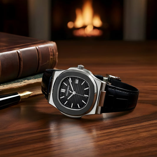 PP Nautilus Silver Steel & Black Leather Strap (Semi-Automatic)