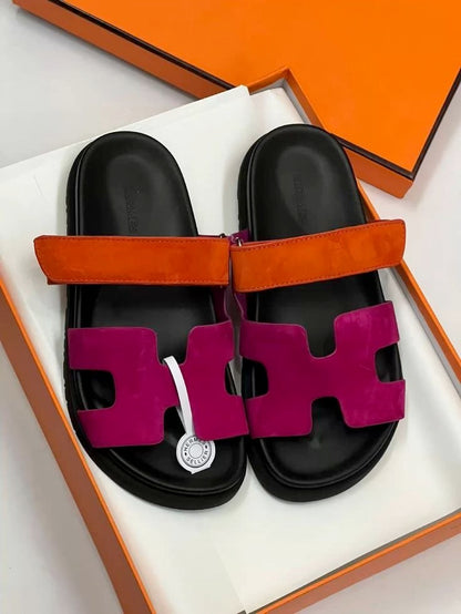 Herm Chypre Sandals in Multicolor Suede with Black Anatomical Sole