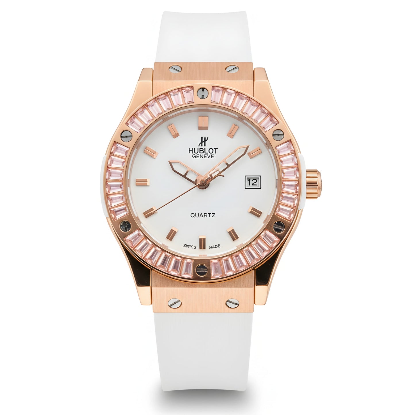 HUB Geneve Women's Rose Gold & White Rubber (Baguette Bezel)