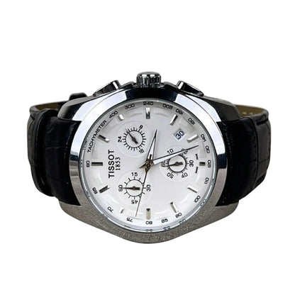 TIS Analog White Dial Black Leather Strap