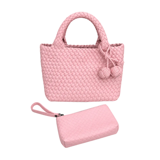 Woven Leather Tote Bag with Wristlet – Blush Pink 30*20