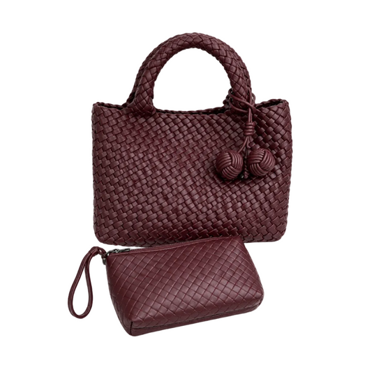 Bottega Woven Leather Tote Bag with Wristlet – Burgundy 30*20