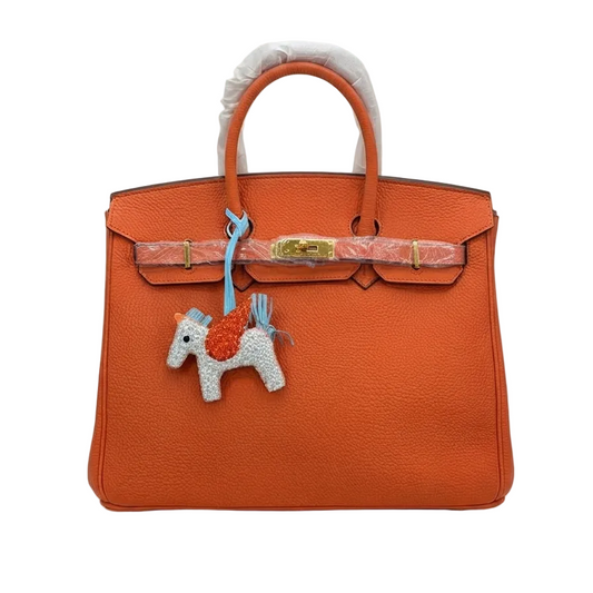 Orange Pebbled Leather Handbag with Horse Charm 35*30