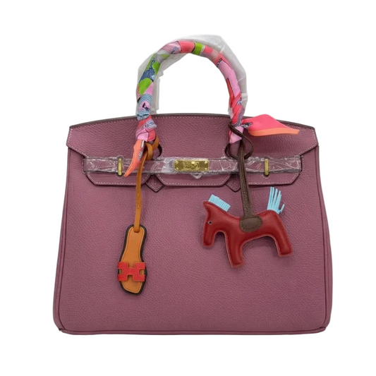 Pink Birkin Style Handbag with Twilly & Horse Charm 35*30