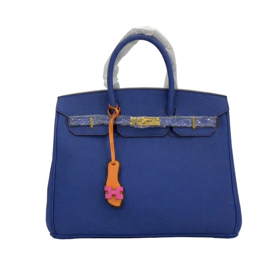 Royal Blue Pebbled Leather Handbag with Leather Tag Charm 35*30