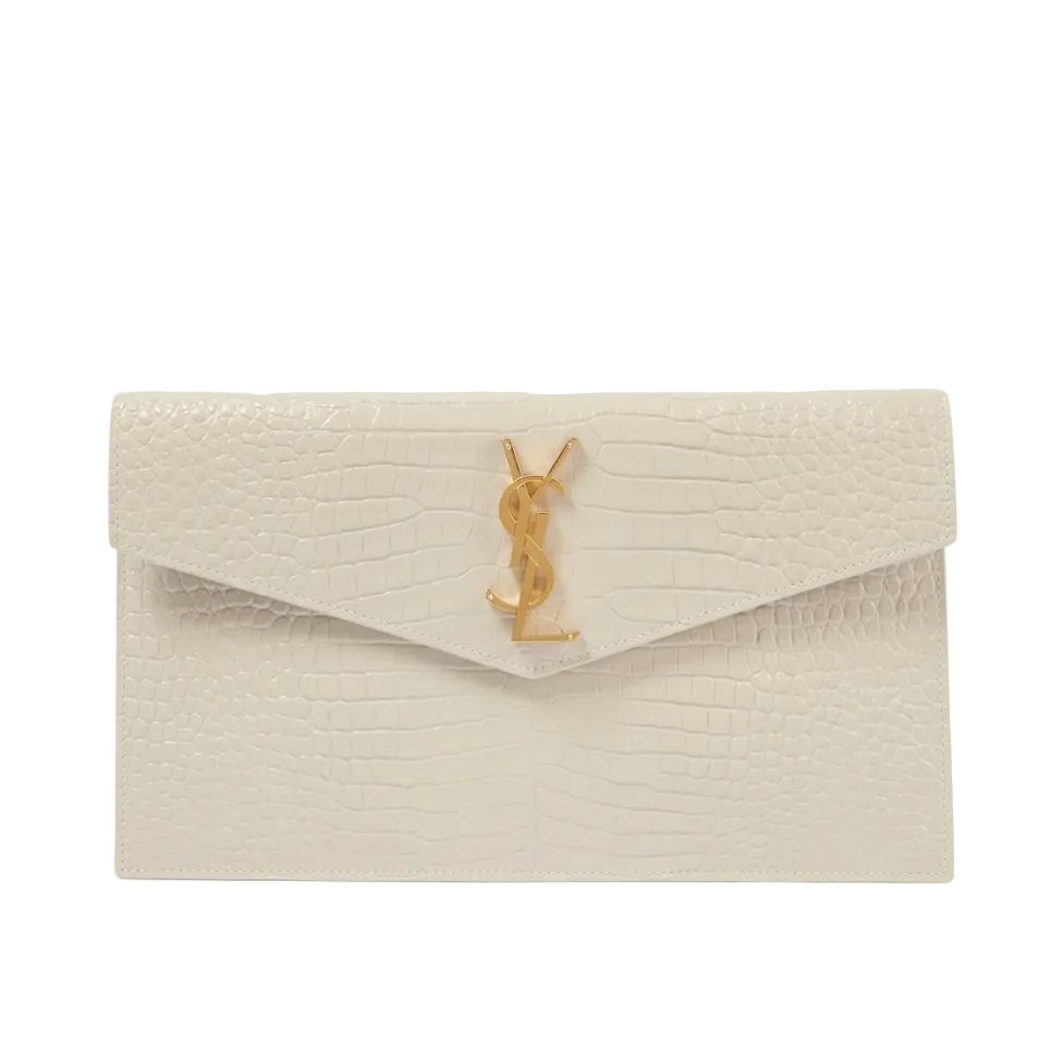 YSL - Uptown Pouch Envelope Clutch in Off-White Croc-Embossed Leather 27*16