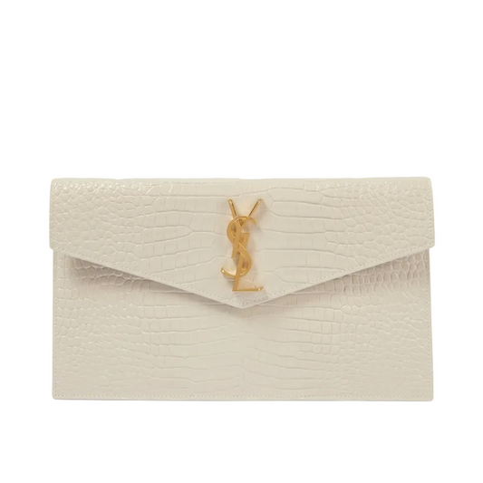YSL - Uptown Pouch Envelope Clutch in Off-White Croc-Embossed Leather 27*16