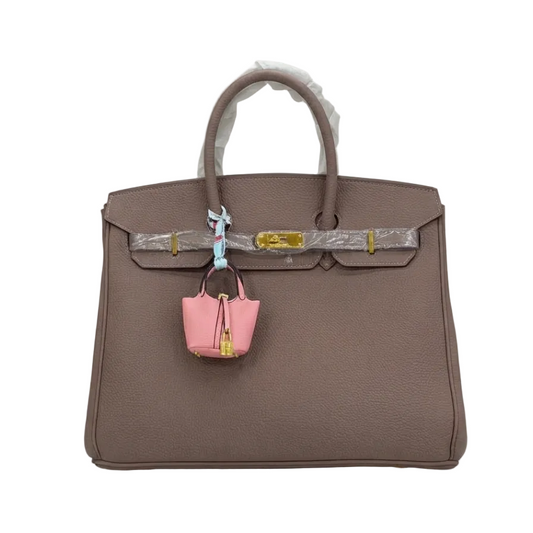 Taupe Pebbled Leather Handbag with Mini Bag Charm 35*30