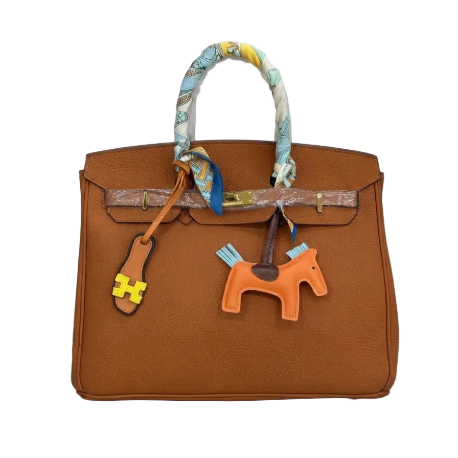 Brown Pebbled Leather Handbag with Twilly & Horse Charm 35*30