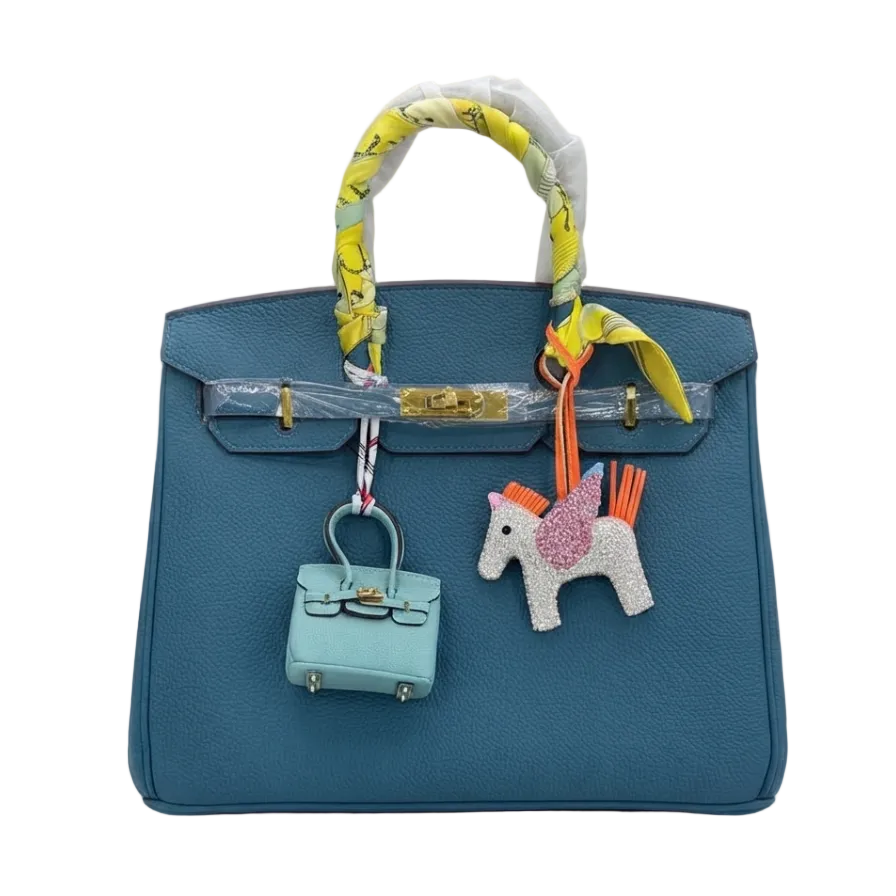 Blue Pebbled Leather Handbag with Twilly & Charm 35*30
