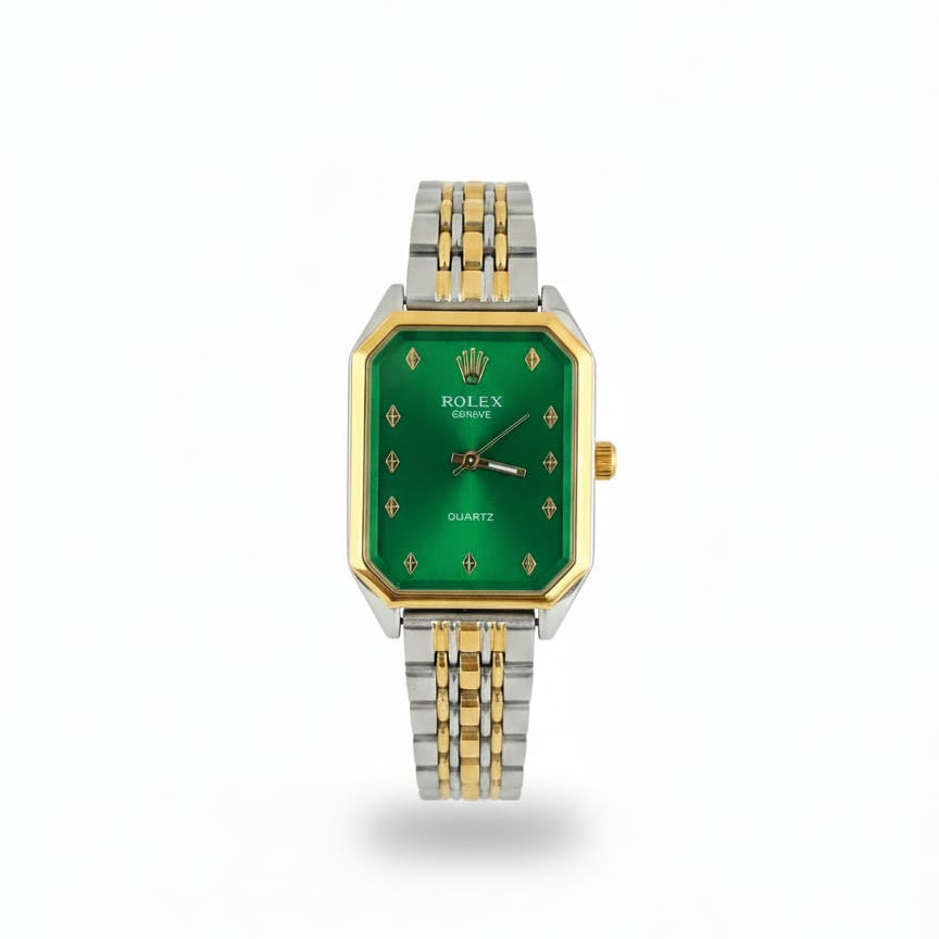 RO Quartz Square Silver, Gold Watch With Green dial for women