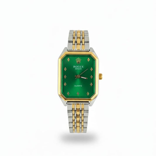 RO Quartz Square Silver, Gold Watch With Green dial for women