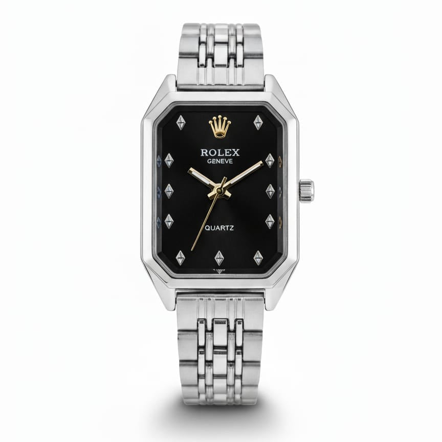 RO Quartz Square Silver Watch With Black dial and Gold logo for women