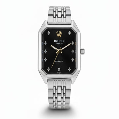 RO Quartz Square Silver Watch With Black dial and Gold logo for women