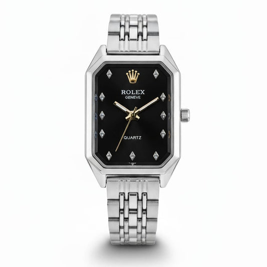 RO Quartz Square Silver Watch With Black dial and Gold logo for women