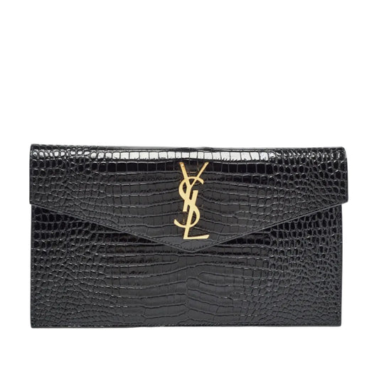 YSL - Uptown Pouch Envelope Clutch in Shiny Black Croc-Embossed Leather 27*16