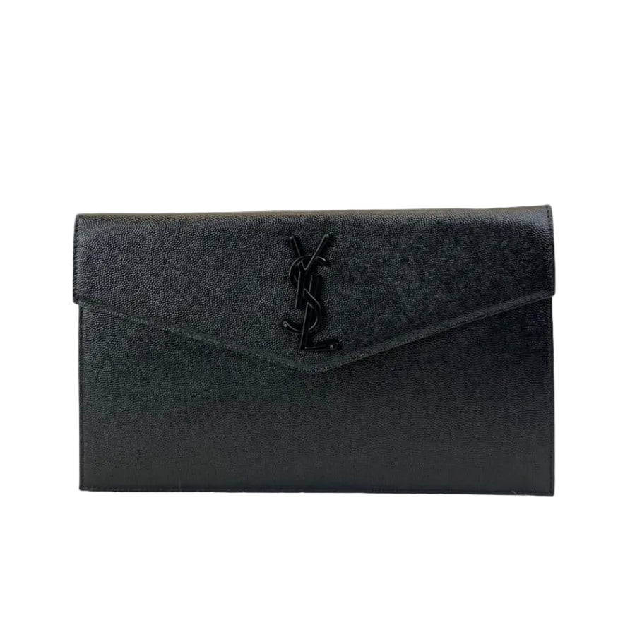 YSL - Uptown Pouch Envelope Clutch in Matte Black Grain de Poudre Leather (Black-on-Black) 27*16