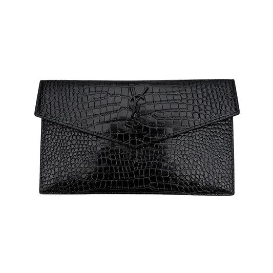 YSL -  Uptown Pouch Envelope Clutch in Black Croc-Embossed Leather (Black-on-Black) 27*16