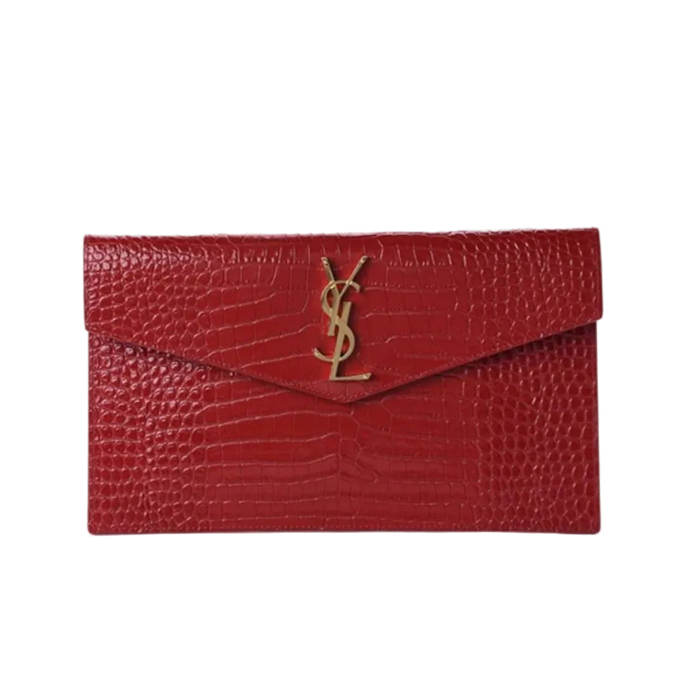 YSL - Uptown Pouch Envelope Clutch in Red Croc-Embossed Leather 27*16