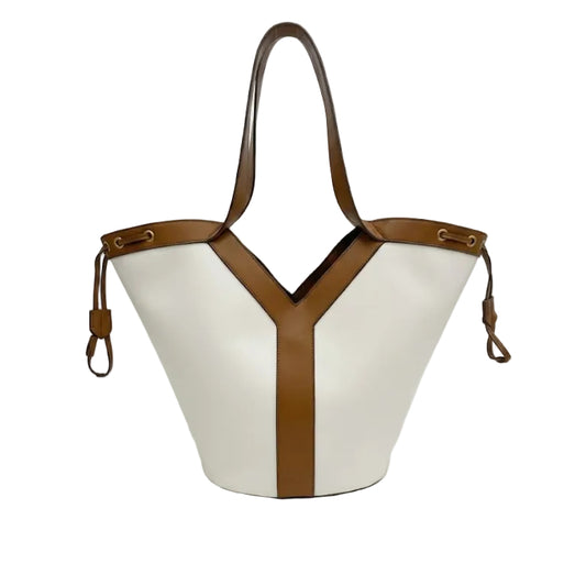 YSL - Bea Tote Bag in Bi-Color White Leather with Tan Trim 49*34