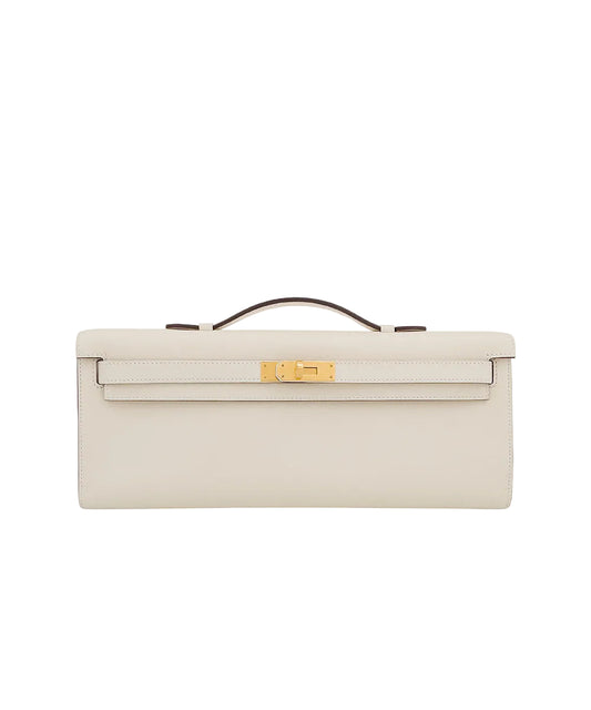 Herm - Kelly Elongated Cut Clutch in Nata Off-White Leather 31*16