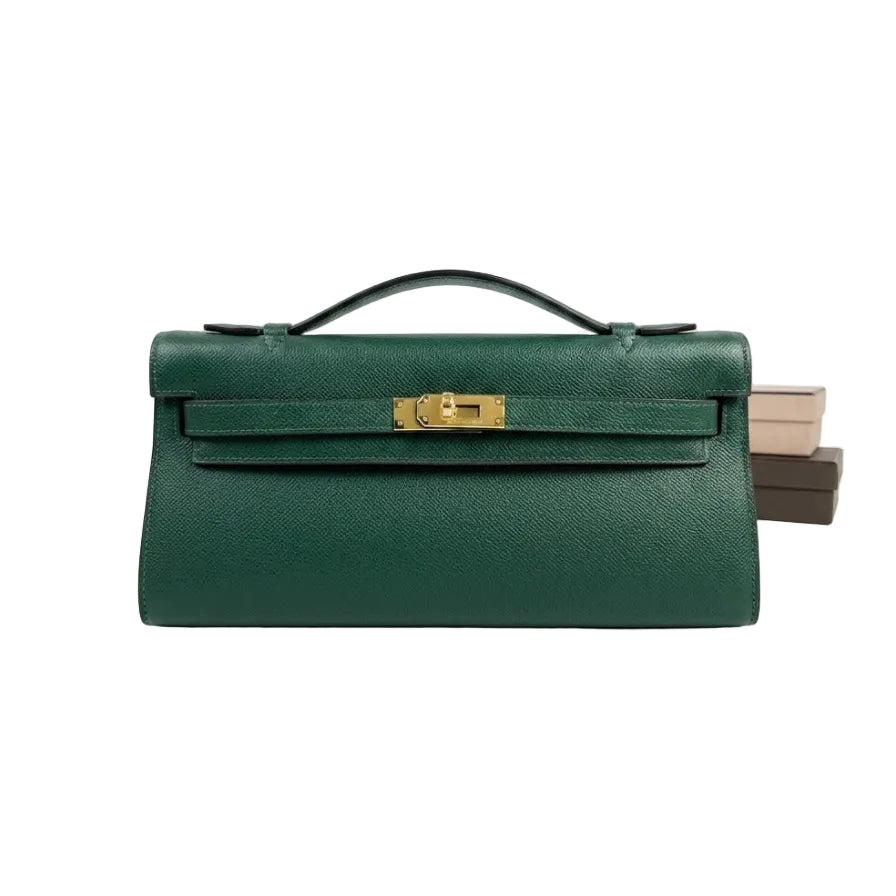 Herm - Kelly Elongated Cut Clutch in Vert Cyprès Epsom Leather 31*16