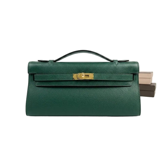 Herm - Kelly Elongated Cut Clutch in Vert Cyprès Epsom Leather 31*16