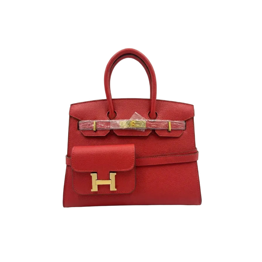 Herm - Vibrant Red Textured Leather Handbag with Integrated Mini Wallet 30*23