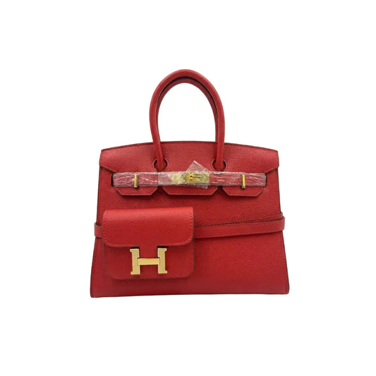 Herm - Vibrant Red Textured Leather Handbag with Integrated Mini Wallet 30*23