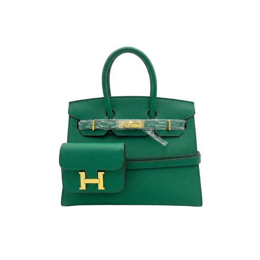 Herm - Pristine Green Textured Leather Handbag and Matching Mini Wallet Set 30*23