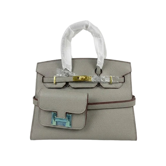 Herm - Pristine Grey Textured Leather Handbag and Mini Wallet Set 30*23