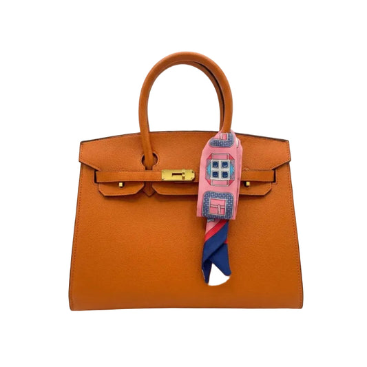 Herm - Signature Orange Textured Leather Handbag with Patterned Silk Scarf 30*23