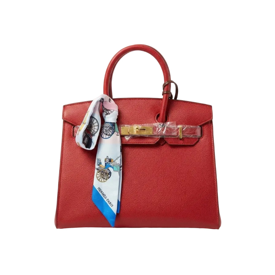 Herm - Striking Red Textured Leather Handbag with Silk Scarf 30*23